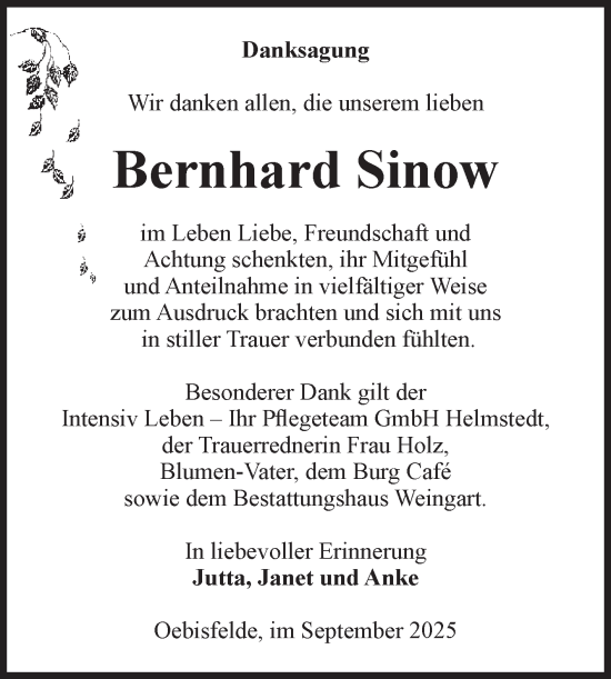 Traueranzeige von Bernhard Sinow von Volksstimme Altmark West