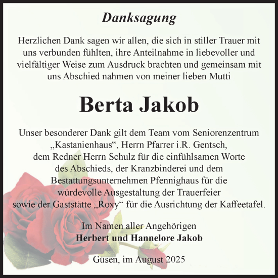 Traueranzeige von Berta Jakob von Volksstimme Burg/Genthin