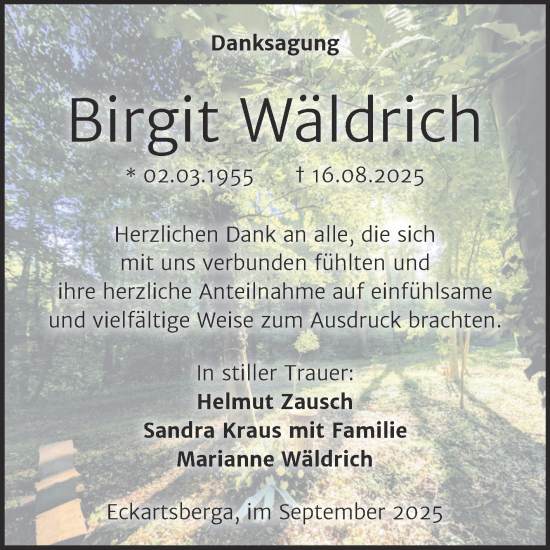 Traueranzeige von Birgit Wäldrich von Super Sonntag Naumburg/Nebra