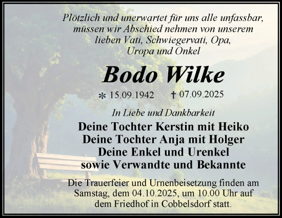 Traueranzeige von Bodo Wilke von Trauerkombi Wittenberg