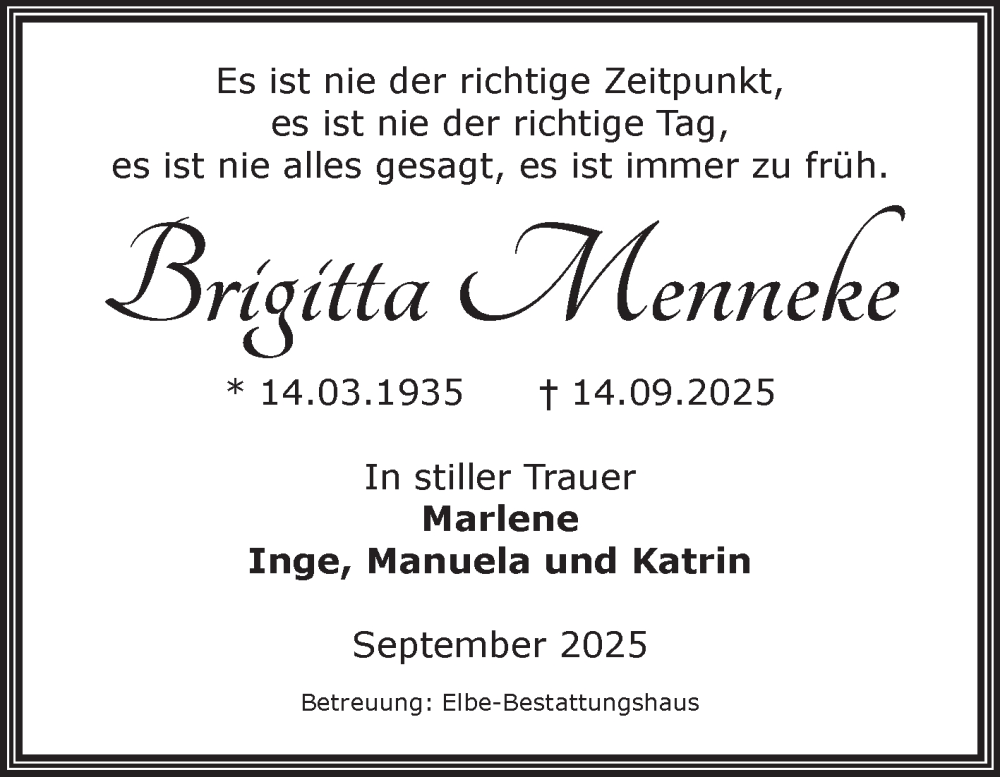  Traueranzeige für Brigitta Menneke vom 20.09.2025 aus Volksstimme Magdeburg