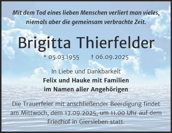 Traueranzeige von Brigitta Thierfelder von Trauerkombi Aschersleben