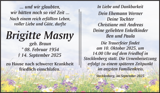 Traueranzeige von Brigitte Masny von Trauerkombi Quedlinburg