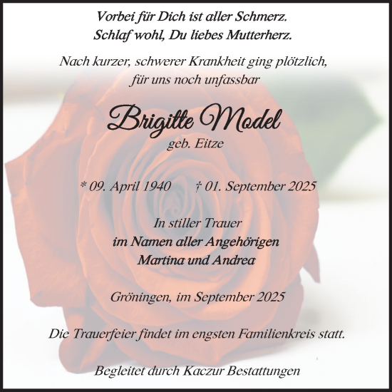 Traueranzeige von Brigitte Model von Volksstimme Oschersleben/Wanzleben