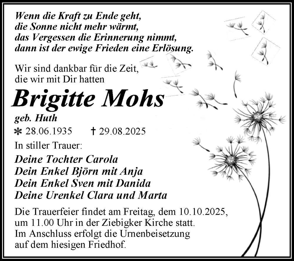  Traueranzeige für Brigitte Mohs vom 13.09.2025 aus Trauerkombi Dessau