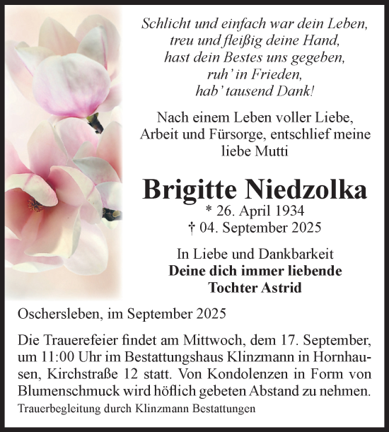 Traueranzeige von Brigitte Niedzolka von Volksstimme Oschersleben/Wanzleben