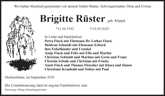 Traueranzeige von Brigitte Rüster von Volksstimme Oschersleben/Wanzleben