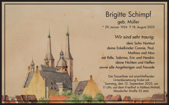 Traueranzeige von Brigitte Schimpf von Mitteldeutsche Zeitung Köthen