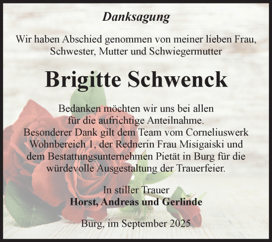 Traueranzeige von Brigitte Schwenck von Volksstimme Burg/Genthin