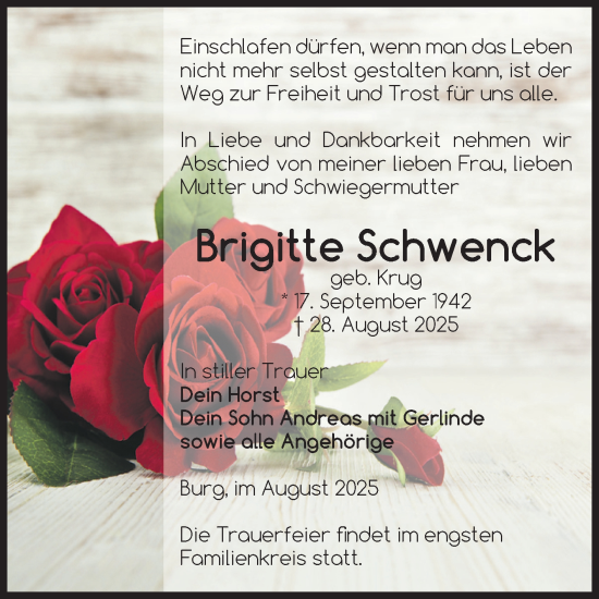 Traueranzeige von Brigitte Schwenck von Volksstimme Burg/Genthin