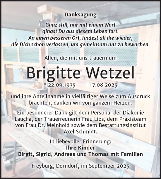Traueranzeige von Brigitte Wetzel von Super Sonntag Naumburg/Nebra
