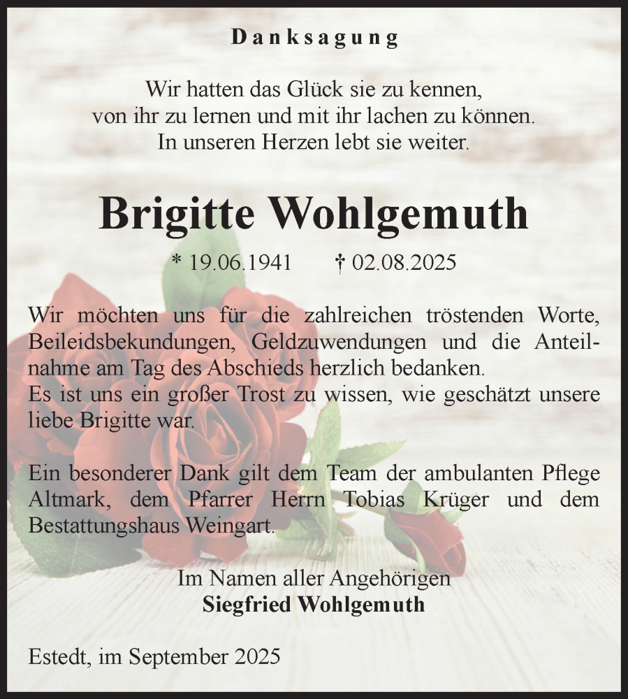  Traueranzeige für Brigitte Wohlgemuth vom 27.09.2025 aus Volksstimme Altmark West