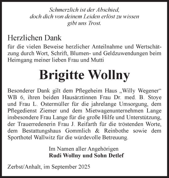 Traueranzeige von Brigitte Wollny von Volksstimme Zerbst