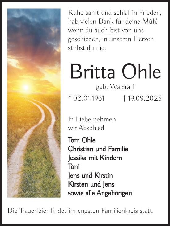 Traueranzeige von Britta Ohle von Volksstimme Altmark Ost