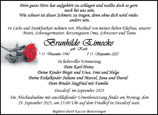 Traueranzeige von Brunhilde Eimecke von Volksstimme Oschersleben/Wanzleben