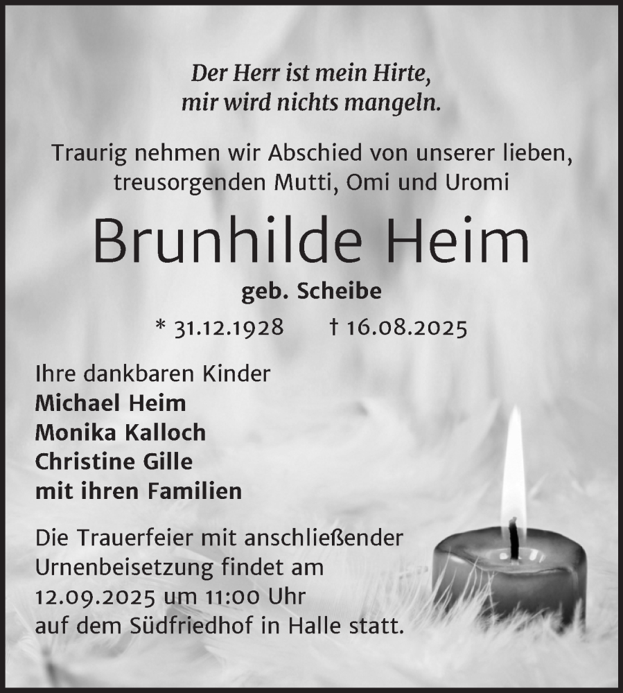  Traueranzeige für Brunhilde Heim vom 09.09.2025 aus Mitteldeutsche Zeitung Halle/Saalkreis