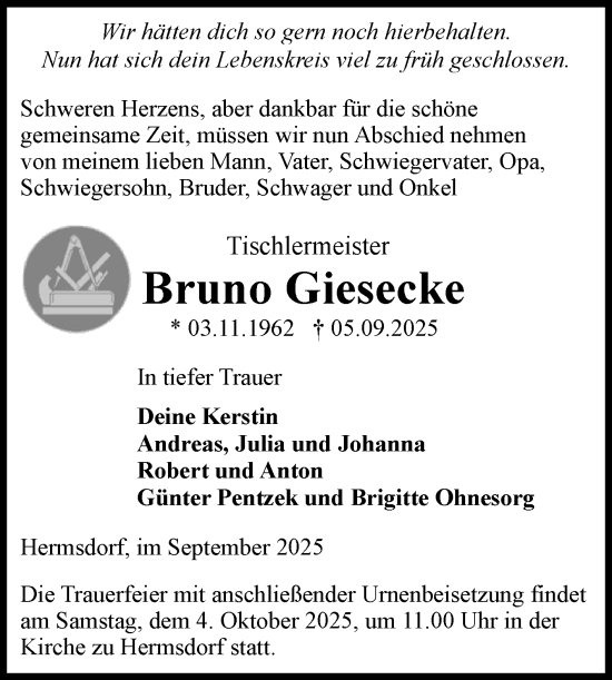 Traueranzeige von Bruno Giesecke von Volksstimme Magdeburg