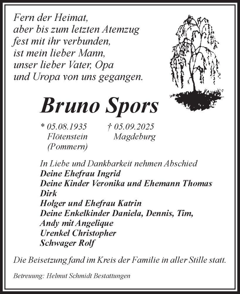  Traueranzeige für Bruno Spors vom 20.09.2025 aus Volksstimme Magdeburg