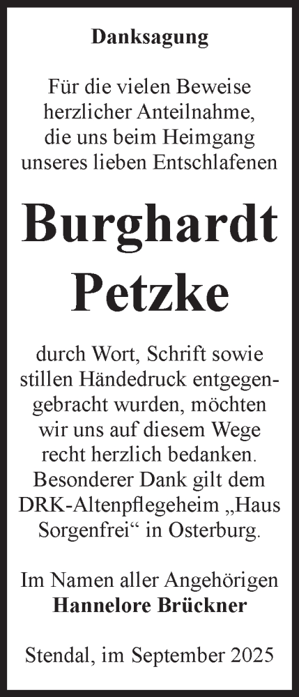 Traueranzeige von Burghardt Petzke von Volksstimme Altmark Ost