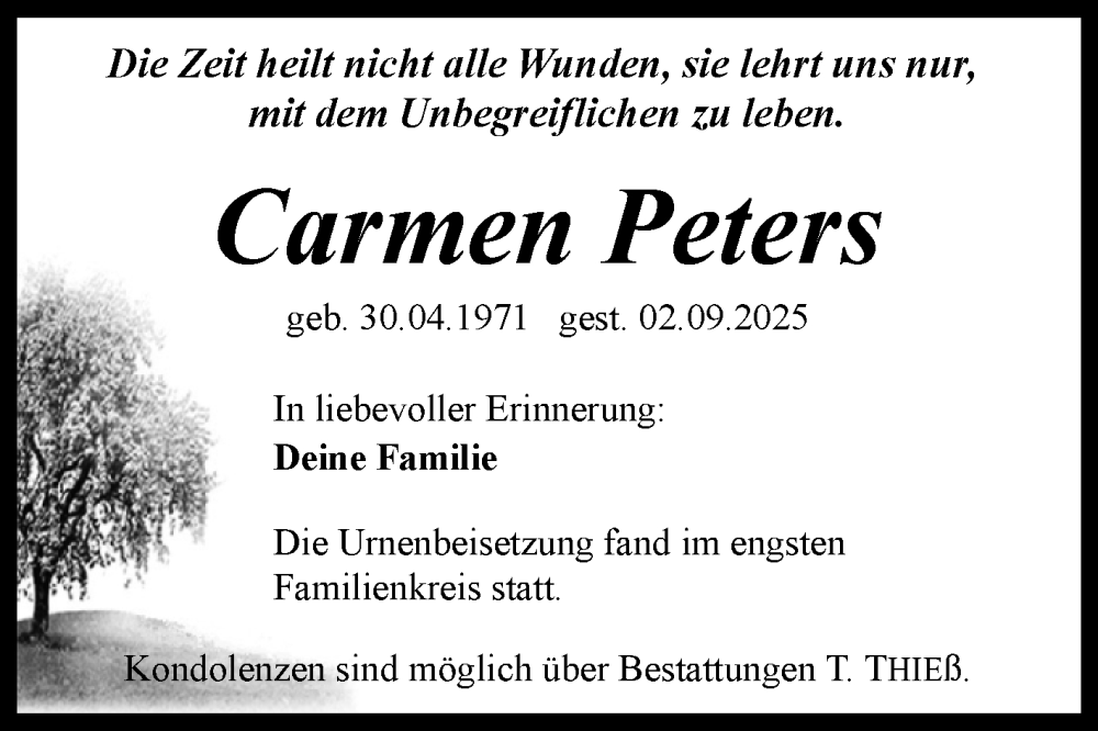  Traueranzeige für Carmen Peters vom 13.09.2025 aus Trauerkombi Quedlinburg