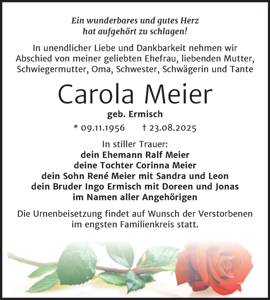  Traueranzeige für Carola Meier vom 06.09.2025 aus Trauerkombi Sangerhausen