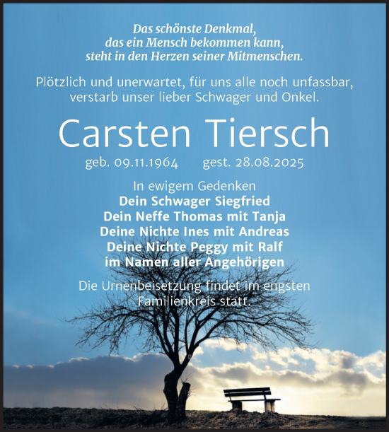 Traueranzeige von Carsten Tiersch von Trauerkombi Wittenberg