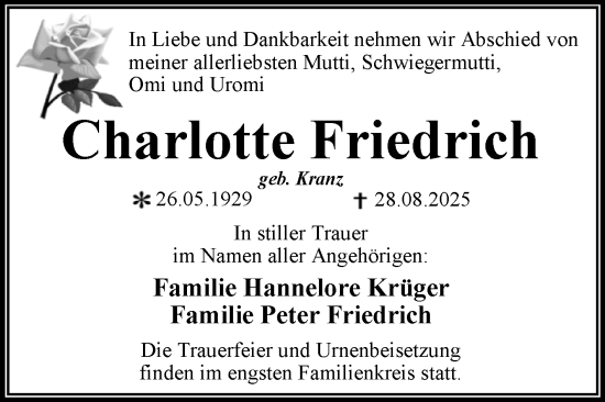 Traueranzeige von Charlotte Friedrich von Trauerkombi Dessau