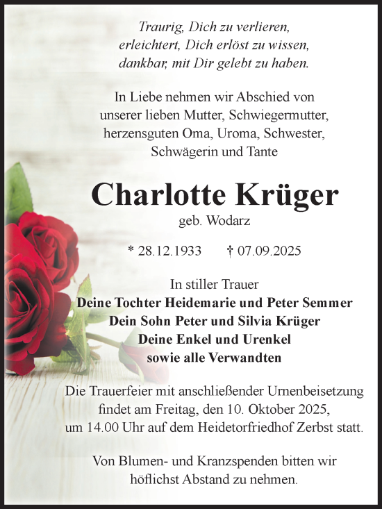 Traueranzeige von Charlotte Krüger von Volksstimme Zerbst