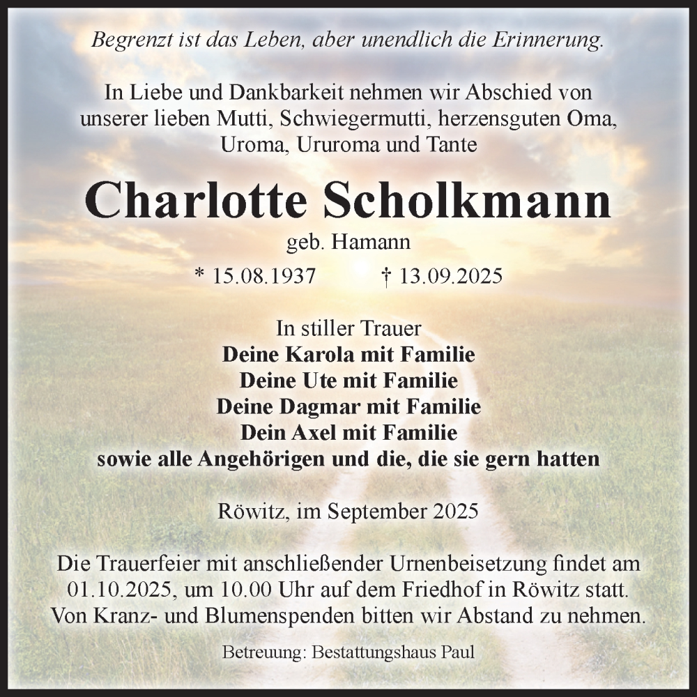  Traueranzeige für Charlotte Scholkmann vom 20.09.2025 aus Volksstimme Altmark West