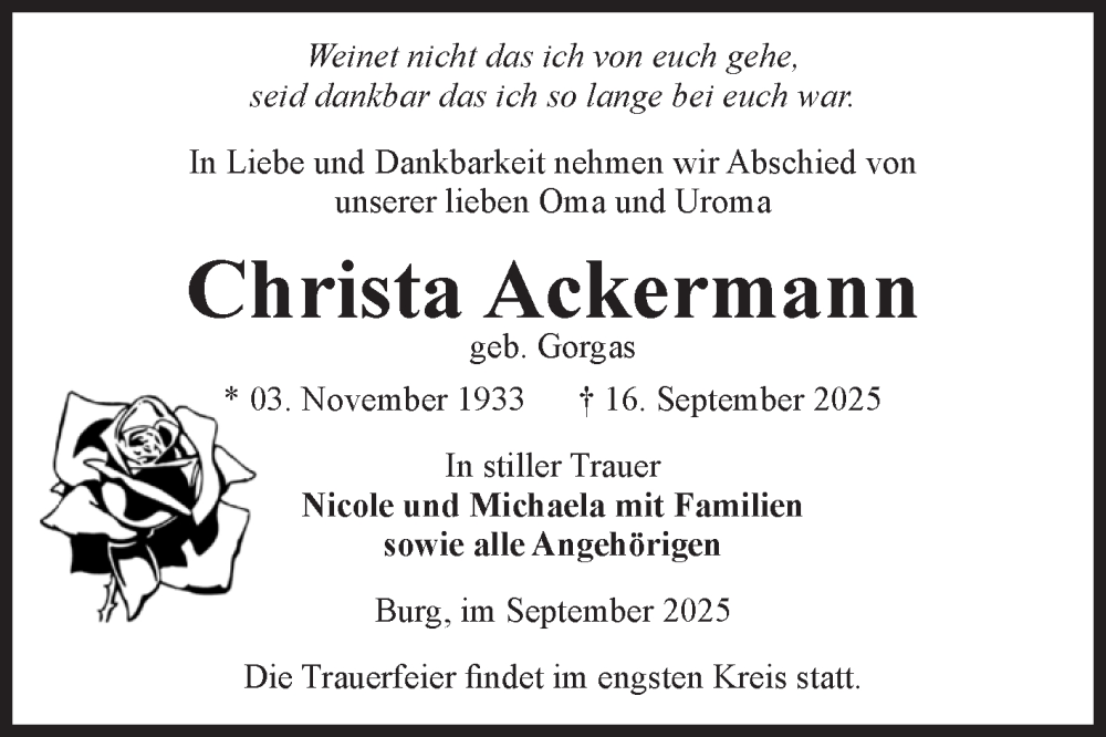  Traueranzeige für Christa Ackermann vom 27.09.2025 aus Volksstimme Burg/Genthin
