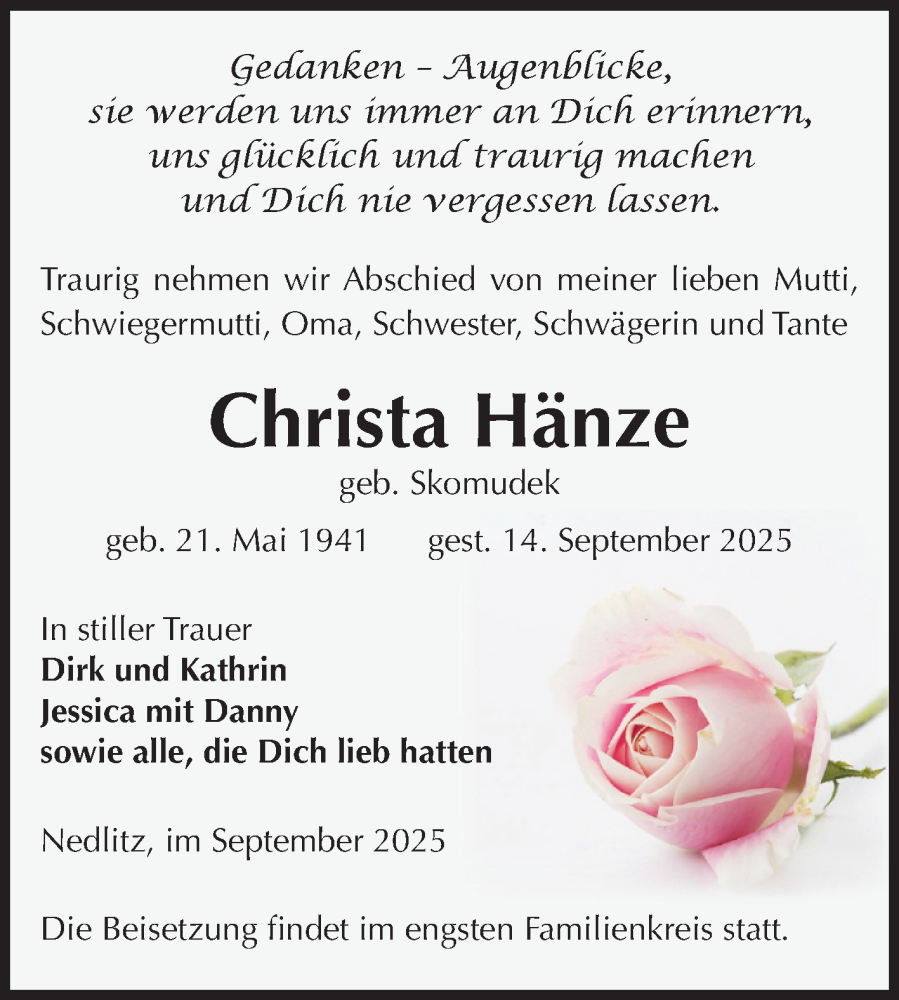  Traueranzeige für Christa Hänze vom 27.09.2025 aus Volksstimme Zerbst