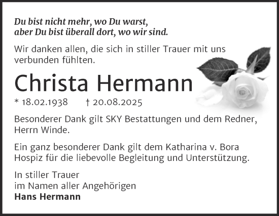 Traueranzeige von Christa Hermann von Trauerkombi Wittenberg