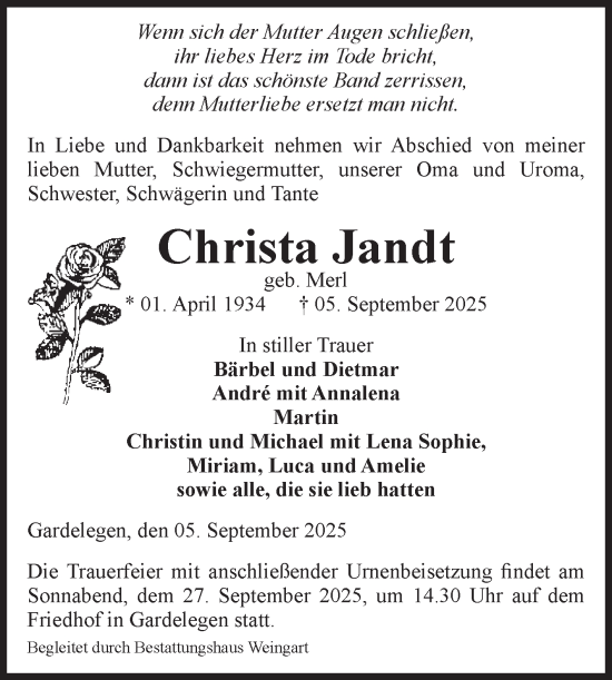 Traueranzeige von Christa Jandt von Volksstimme Altmark West