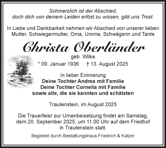 Traueranzeige von Christa Oberländer von Volksstimme Wernigerode