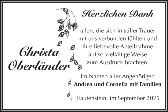 Traueranzeige von Christa Oberländer von Volksstimme Wernigerode