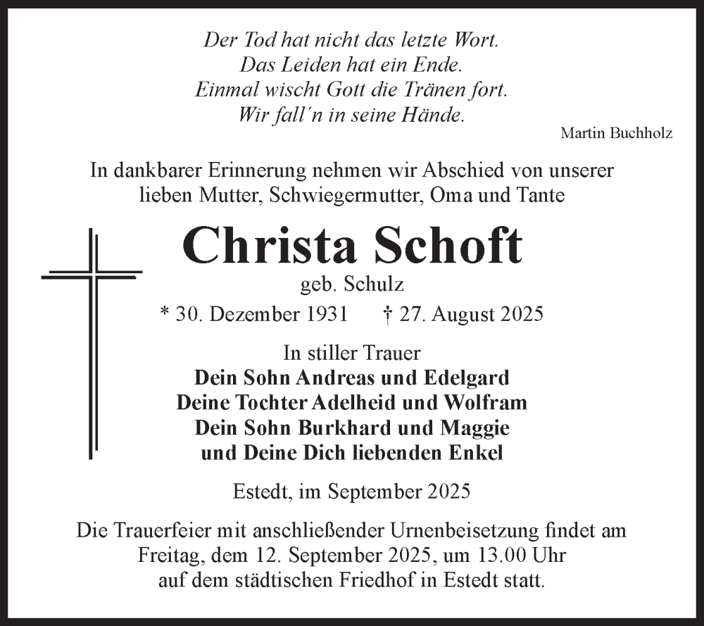  Traueranzeige für Christa Schoft vom 04.09.2025 aus Volksstimme Altmark West
