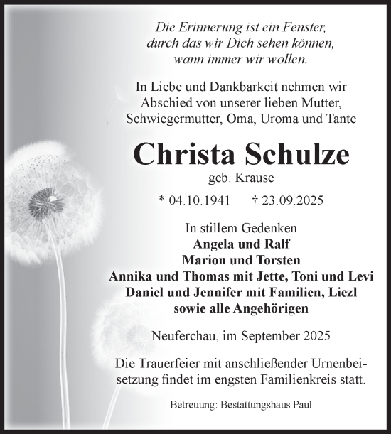 Traueranzeige von Christa Schulze von Volksstimme Altmark West