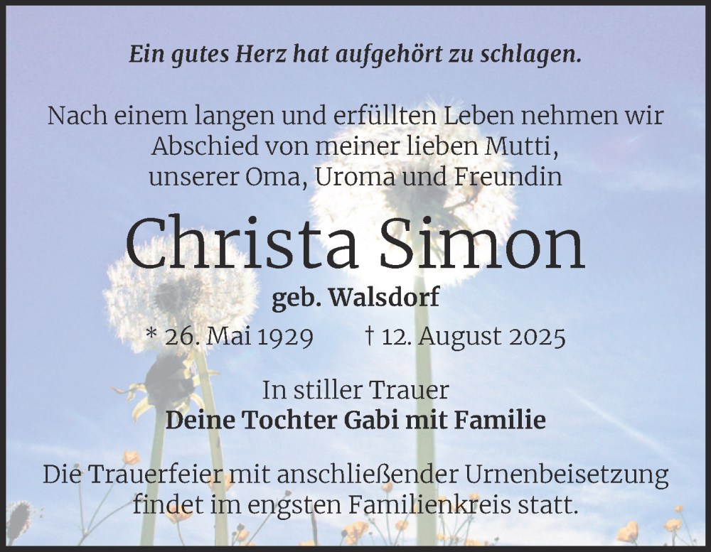  Traueranzeige für Christa Simon vom 06.09.2025 aus Mitteldeutsche Zeitung Halle/Saalkreis