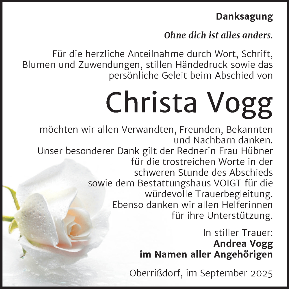  Traueranzeige für Christa Vogg vom 05.09.2025 aus Trauerkombi Mansfelder Land