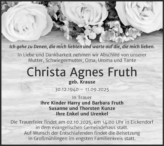 Traueranzeige von Christa Agnes Fruth von Volksstimme Schönebeck