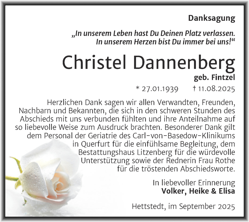  Traueranzeige für Christel Dannenberg vom 20.09.2025 aus Trauerkombi Mansfelder Land
