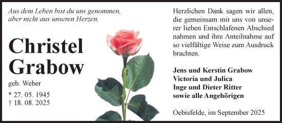 Traueranzeige von Christel Grabow von Volksstimme Altmark West
