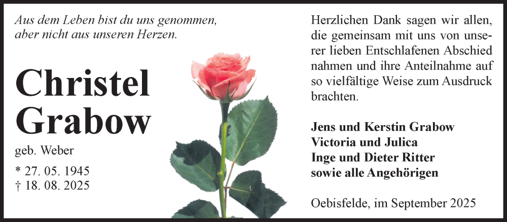  Traueranzeige für Christel Grabow vom 13.09.2025 aus Volksstimme Altmark West