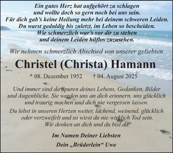 Traueranzeige von Christel Hamann von Trauerkombi Dessau