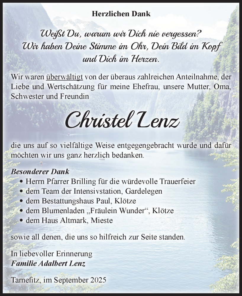  Traueranzeige für Christel Lenz vom 20.09.2025 aus Volksstimme Altmark West