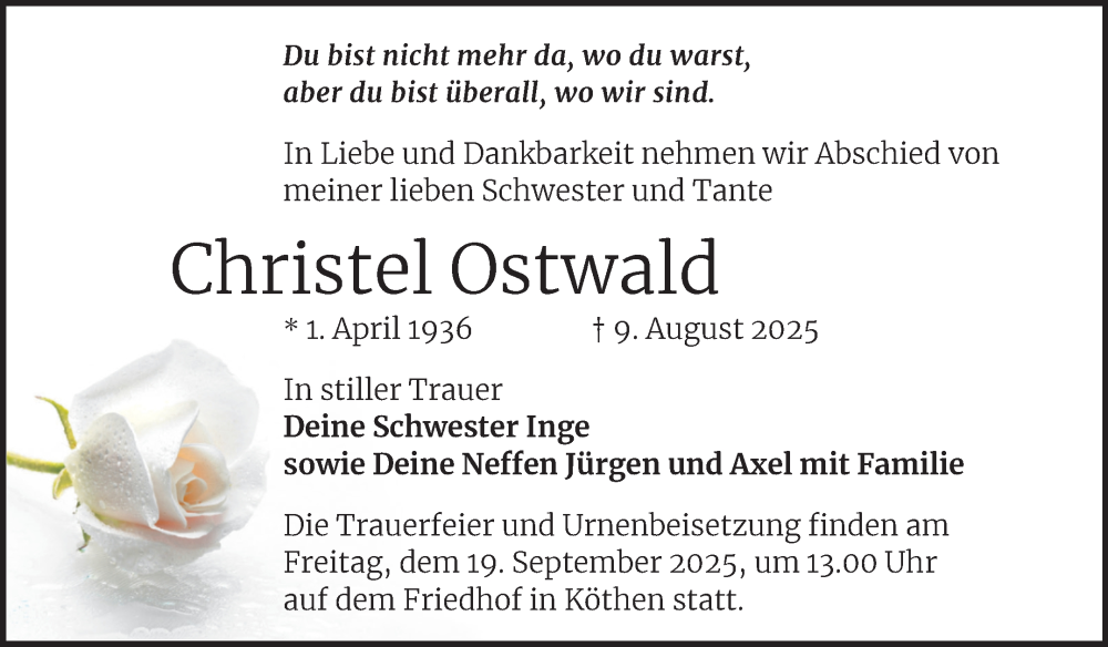  Traueranzeige für Christel Ostwald vom 06.09.2025 aus Trauerkombi Köthen