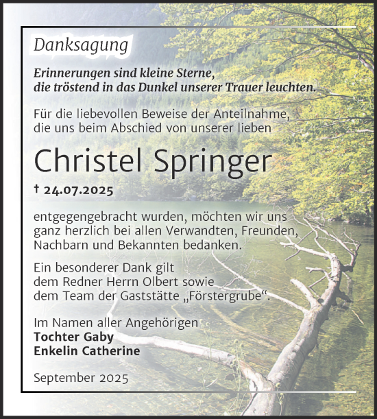 Traueranzeige von Christel Springer von Trauerkombi Bitterfeld