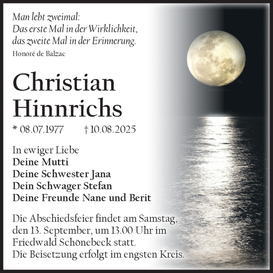 Traueranzeige von Christian Hinnrichs von Volksstimme Haldensleben/Wolmirstedt