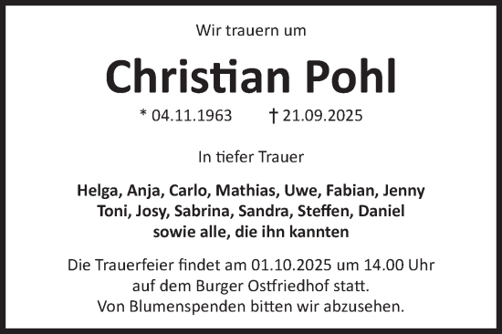 Traueranzeige von Christian Pohl von Volksstimme Burg/Genthin