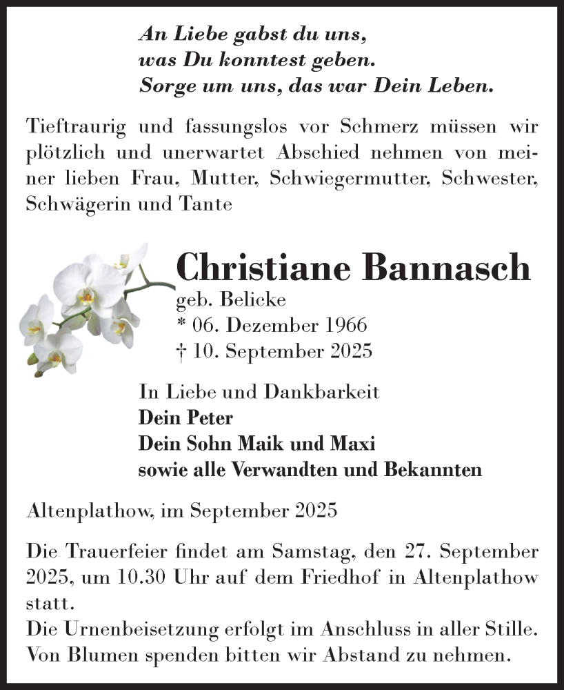  Traueranzeige für Christiane Bannasch vom 20.09.2025 aus Volksstimme Burg/Genthin